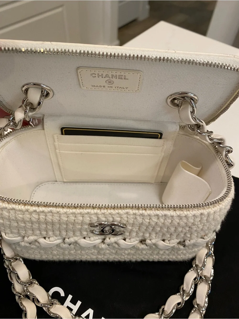 CHANEL Lambskin Crochet Quilted Small Vanity Case With Chain White